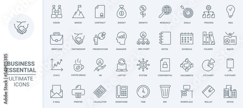Business, goal management thin line icons set vector illustration. Abstract outline confidential documents, office process to research and presentation of product, success partnership and finance idea