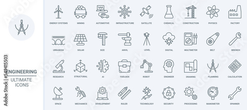 Engineering, industry and energy production thin line icons set vector illustration. Abstract outline engineers work, digital infrastructure and construction equipment, solar panel and turbine