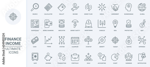 Money income and expenses, global finance thin line icons set vector illustration. Abstract outline cash flow, bank agreement and accounting, wallet savings and security of banking mobile app