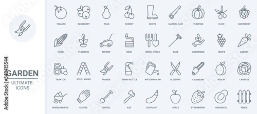 Garden tools and cultivation of agriculture harvest thin line icons set vector illustration. Abstract outline gardening works and equipment to care grass on lawn, grow farm vegetables and fruit