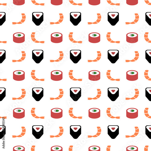 Sushi rolls and shrimp, vector seamless pattern. Pattern from sushi rolls and shrimps on a white background.