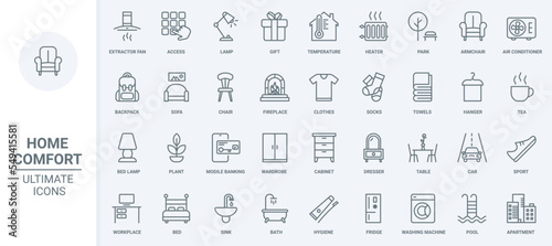 Furniture and equipment, home elements thin line icons set vector illustration. Abstract outline house interior design, apartment furnishing symbols for living room, bedroom, kitchen and bathroom