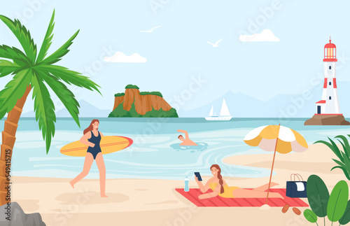 People at beach. Female and male characters on vacation having different activities. Woman sunbathing  man swimming
