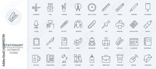 Office and school supplies, stationary and equipment thin line icons set vector illustration. Abstract outline marker and pencil in holder and box, paper document on flipboard or clipboard, scissors