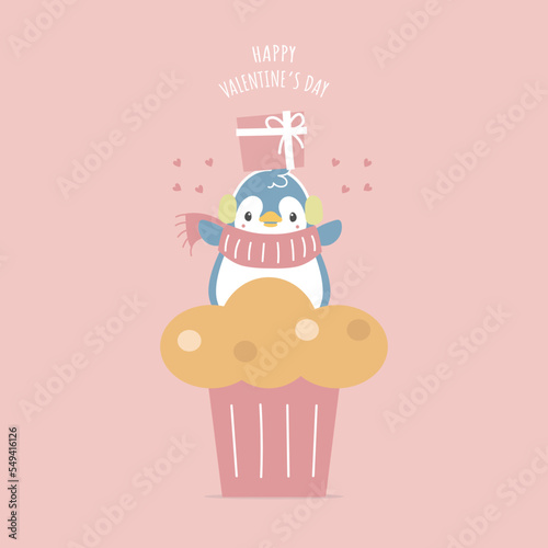 cute and lovely hand drawn penguin holding gift and cupcake with heart, happy valentine's day, love concept, flat vector illustration cartoon character costume design