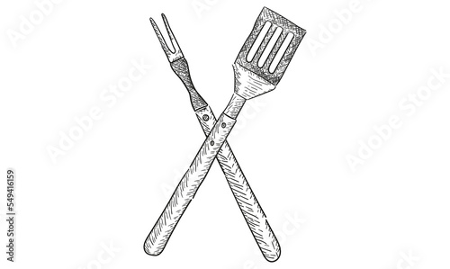 BBQ spatula doodle. Barbeque cutlery. Vector illustration hand drawn