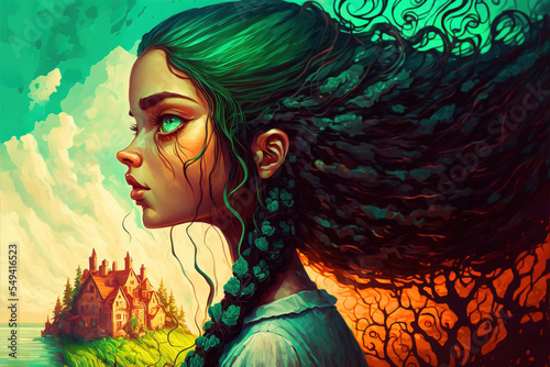 a beautiful girl with green eyes and dark braid hair, side view, a small city on an island in the background, anime style photo