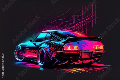 A sports car on a black background  neon illustration