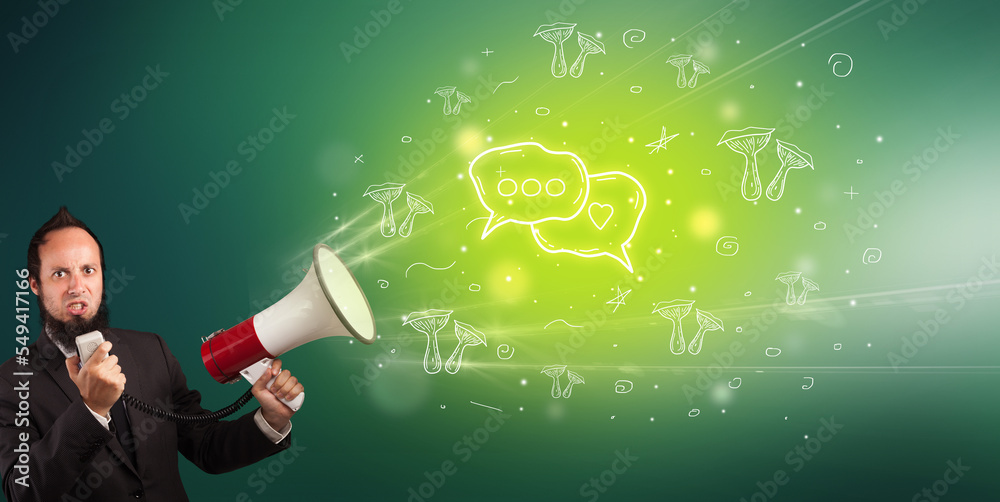 Young person with megaphone and healthy food icon Young person with megaphone and healthy food icon