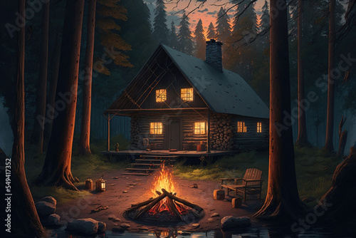 Foto a wooden cabin in a forest with a campfire infront of it