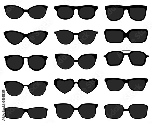 Black sunglasses icon set. Dark optic glasses and frames isolated on white. Black lens with stylish plastic rims