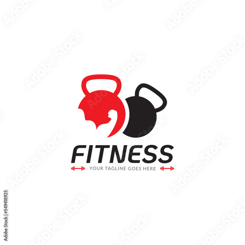 Fitness Gym logo design template with exercising athletic man and woman isolated on white, vector illustration