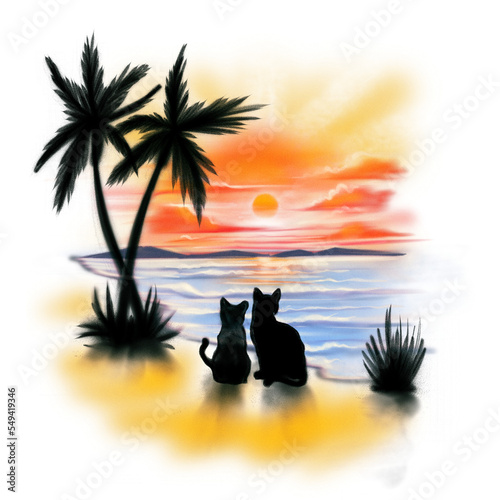 silhouette of couple cat on tropical beach in airbrush style