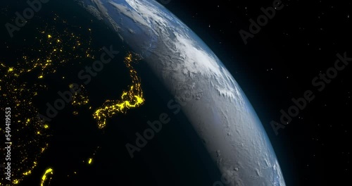 The earth slowly rotating in space. Japan is the center of the composition, the dawn of Japan.