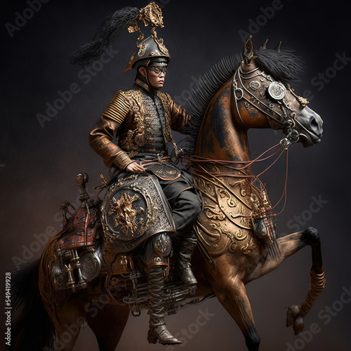 Qing dynasty man on metal warhorse, steampunk