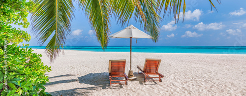 Maldives island beach. Tropical landscape of summer panorama, white sand with palm trees. Leisure couple travel destination. Exotic beach landscape. Inspire happy beach beds umbrella. Love honeymoon