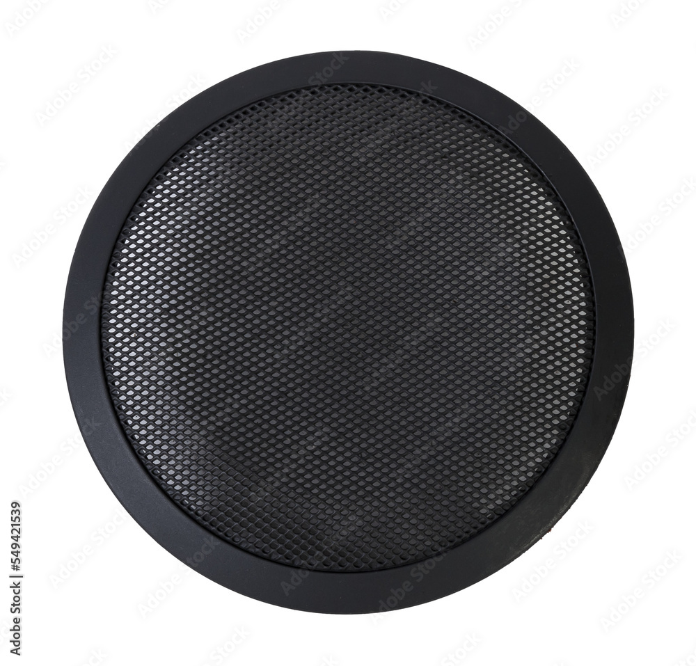Stylish car audio acoustic round speaker with waffle grill protector cover on white background closeup. Auto spare parts catalog. - obrazy, fototapety, plakaty 