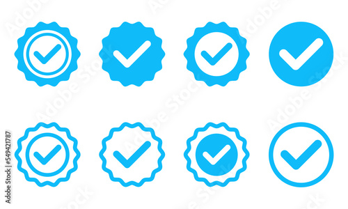Set of profile verification vector icons. Sticker or badge of blue verification account. Original profile. Vector 10 Eps.
