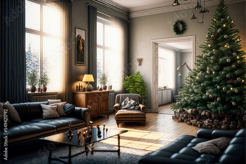 Christmas morning in the living room illustrated christmas tree scene