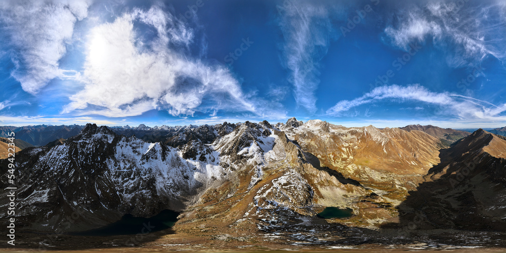 panoramic shot of a mountain range in summer on a sunny cloudless day. bare rocky cliffs