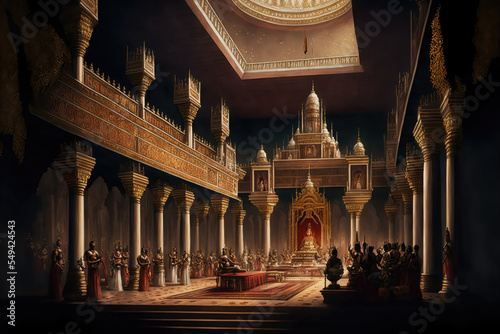 AI generated image depicting the throne room and court of an ancient Indian king, with ministers and courtiers in attendance. Durbar hall. photo