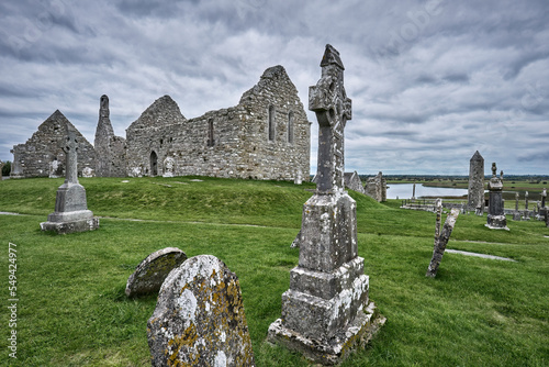 Clonmacnoise Abbey, cathedal and celtic and christian cemetery at Shannon River, County Offaly in Middle ofRepublik of Ireland photo