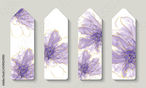 Bookmarks. Modern creative design,  background marble texture with flowers. Alcohol ink. Bookstore label or flyer.  Vector illustration.