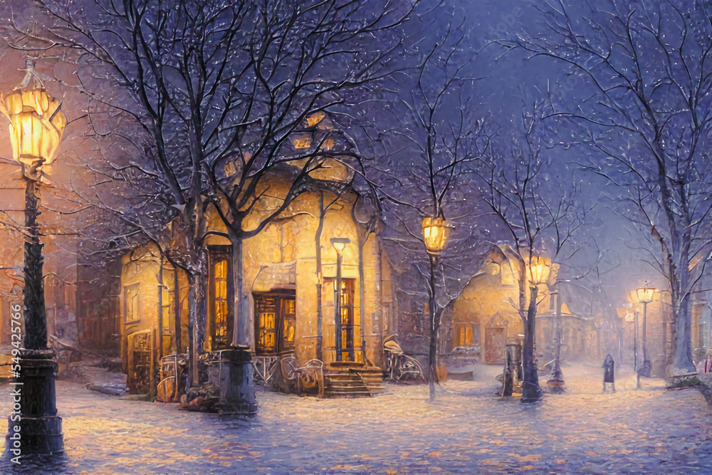 A small town night street in winter.