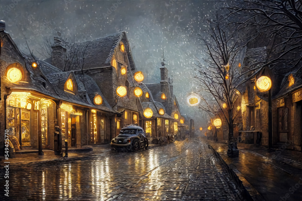 A small town night street in winter.