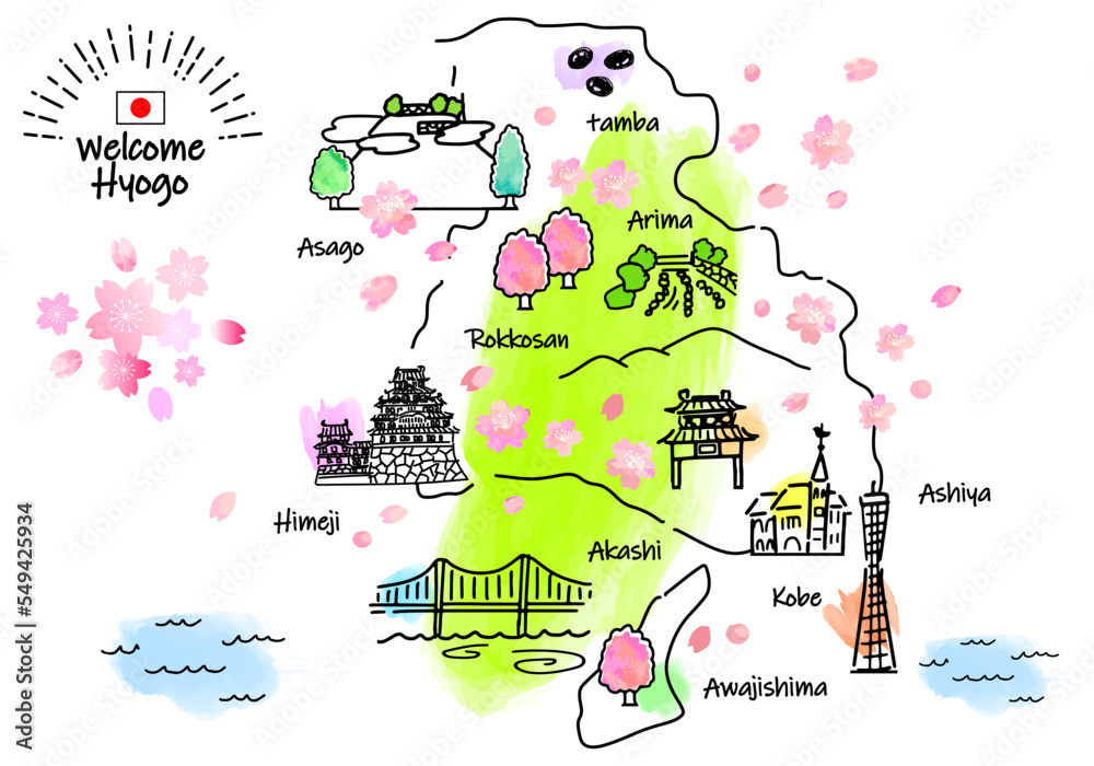 Naklejka premium 春の兵庫県の観光地のシンプル線画イラストマップ（緑）