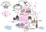 春の兵庫県の観光地のシンプル線画イラストマップ（ピンク）