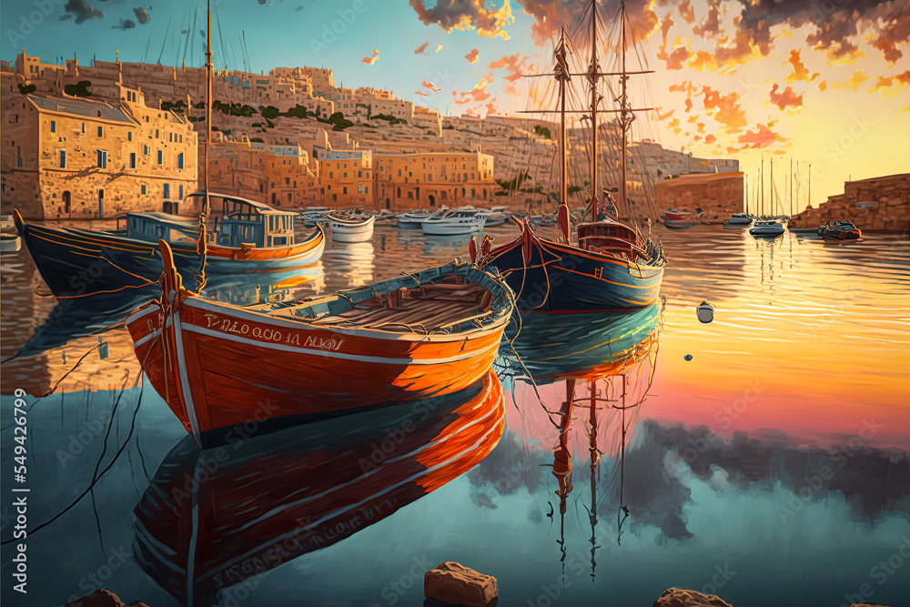 Traditional Malta fishing boats in a harbour at sunset - obrazy, fototapety, plakaty 