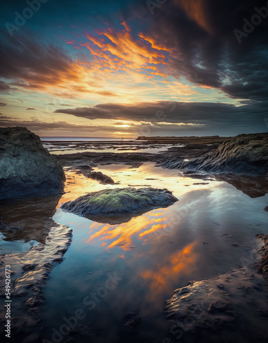 sunset over the rocky coast with rock pools and reflections