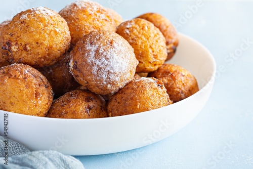 Doughnuts. Homemade cakes made from curd balls. Cottage cheese donuts  with powdered sugar. Selective focus photo