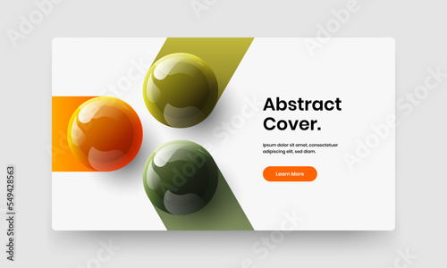 Premium realistic spheres pamphlet concept. Geometric annual report vector design layout.