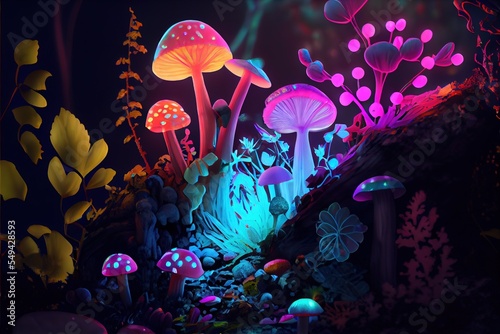 magic mushrooms in forest glowing and shining fanatasy art photo