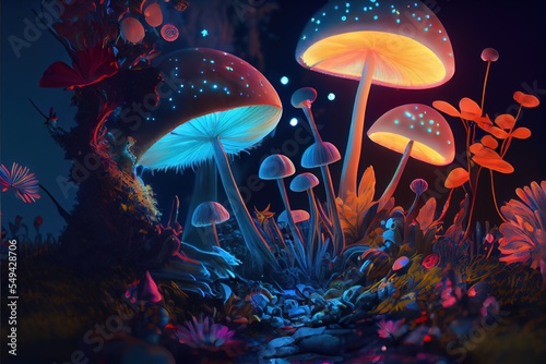 magic mushrooms in forest glowing and shining fanatasy art