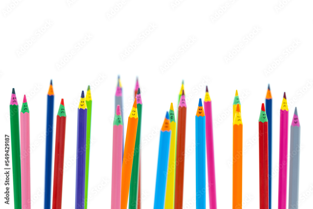 colored wooden pencils with faces have many emotions