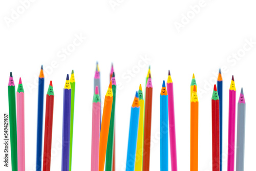 colored wooden pencils with faces have many emotions