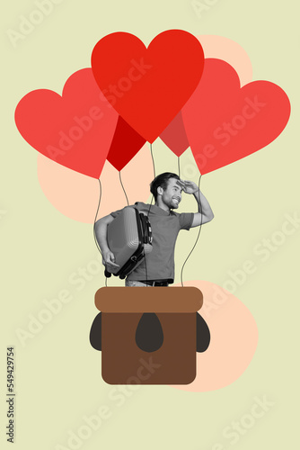 Vertical banner collage of guy travel on air balloon black and white isolated on drawing light color background