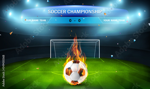 Fiery soccer ball on a field with the goal gate and searchlights turned on in a realistic style. A flaming soccer ball on green stadium arena. Fiery soccer ball on playing field of stadium. Vector.