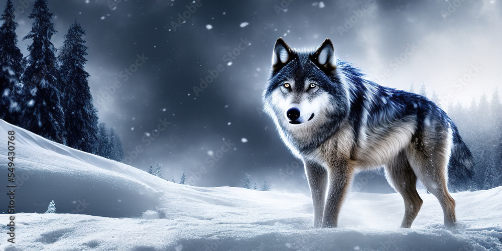 Gray, beautiful, wild Wolf against the background of a winter forest and falling snow. Illustration Gray, beautiful, wild Wolf against the background of a winter forest and falling snow. Illustration