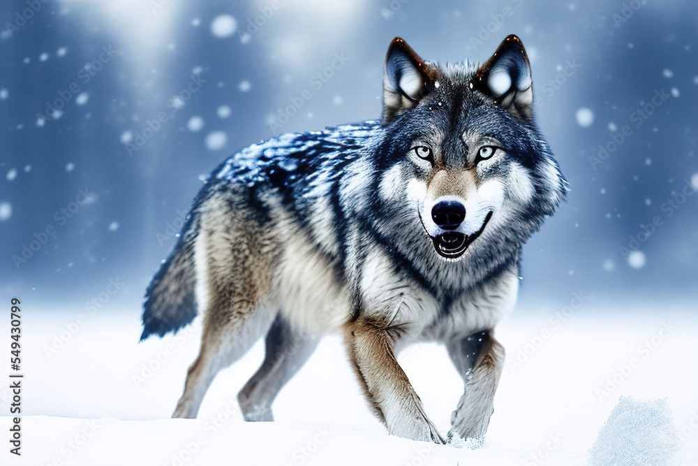 Gray, beautiful, wild Wolf against the background of a winter forest and falling snow. Illustration Gray, beautiful, wild Wolf against the background of a winter forest and falling snow. Illustration