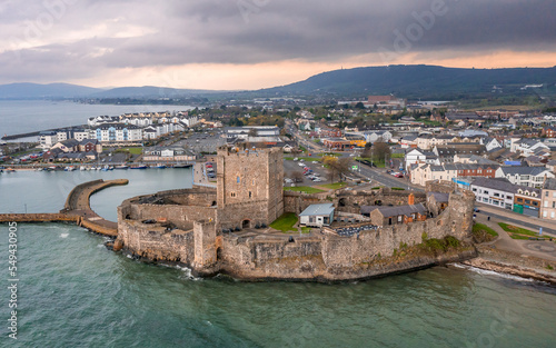 Aerial view with Carrickfergus town and the castle, on East Coast in Northern Ireland UK photo