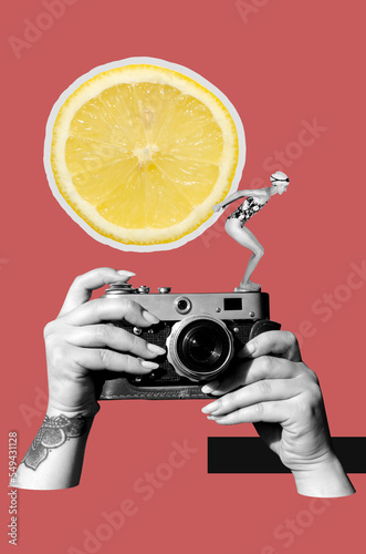  Digital collage with female hands holding vintage film camera, woman in swim suit and slice of a lemon
