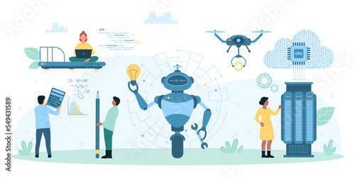 AI virtual support center vector illustration. Cartoon robot holding lightbulb and drone assistant with gear, modern smart tech service to help customers, tiny people looking for answers online