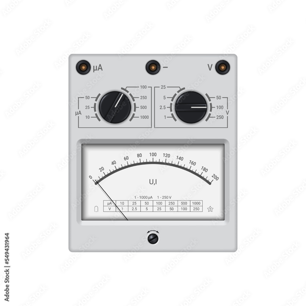 Realistic voltmeter ammeter with pointer dial. Device for measuring voltage and current strength. Vector illustration. Realistic voltmeter ammeter with pointer dial. Device for measuring voltage and current strength. Vector illustration.