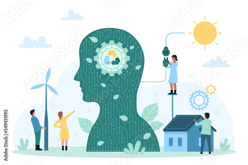Green energy vector illustration. Cartoon tiny people connect plug and socket to power modern electric generator in abstract human silhouette and eco friendly technology for photovoltaic station