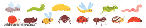 Cartoon colorful funny insect characters isolated on white. Cute insects vector illustration panorama set.