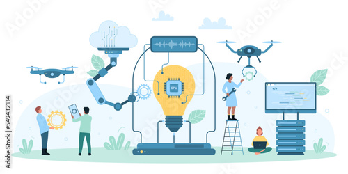 Artificial intelligence, science research vector illustration. Cartoon tiny people control robot arms, drones and lab equipment to fix and improve circuit in light bulb, scientific engineering